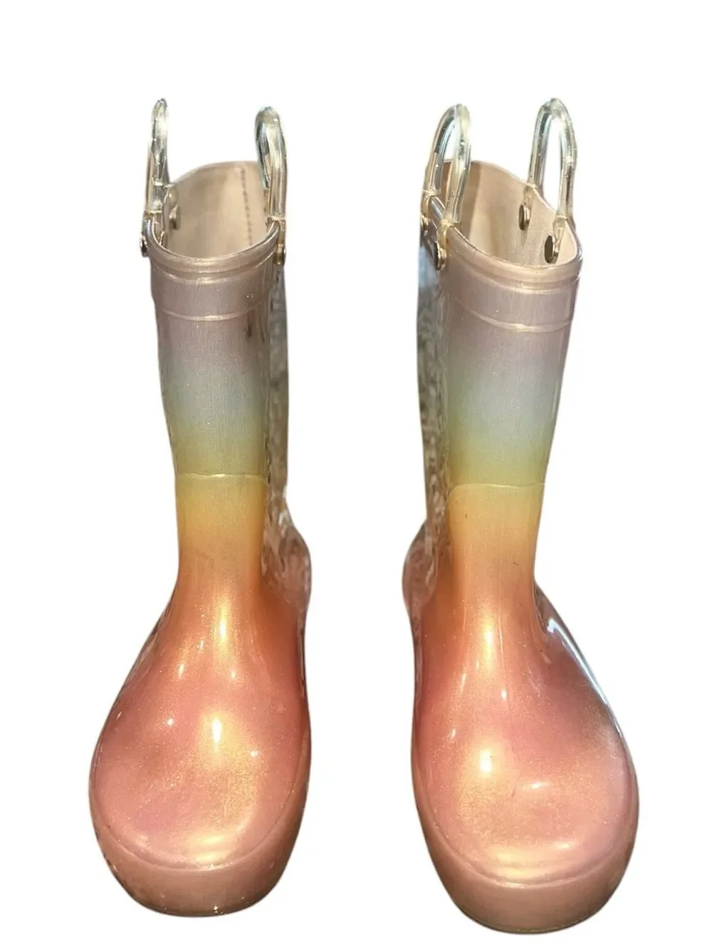 Toddler Rainbow Iridescent Glitter Rain Boots Size 12 Pull Handles Waterproof
